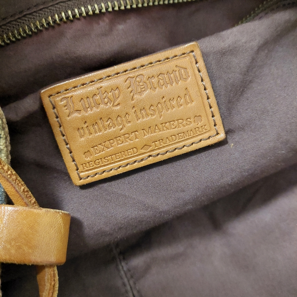 Lucky Brand Camouflage Print Canvas and Tan Suede Tote Bag  Preloved Condition - Picture 3 of 3